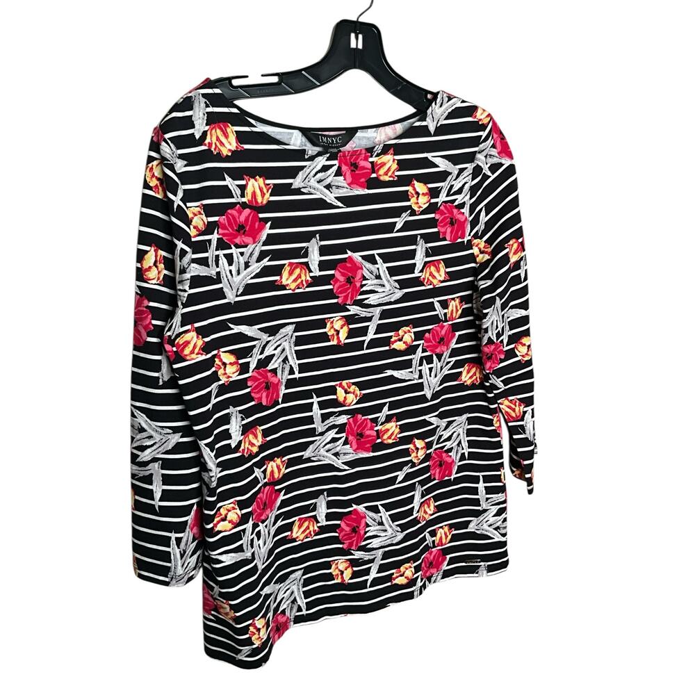 IMNYC Floral Striped Top Long Sleeve Boat Neck Black/Multi Womens Size L NWT